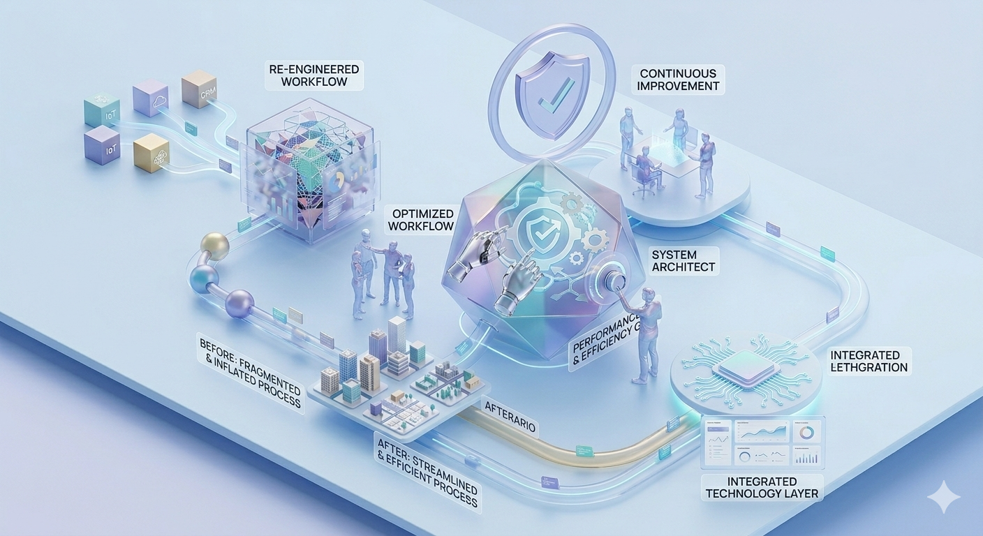Process Re-Engineering — map processes, automate and augment, redesign workflows for people and AI